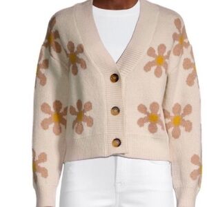 Industry Flower Power Button Cropped Cardigan Cream and Tan V Neckline